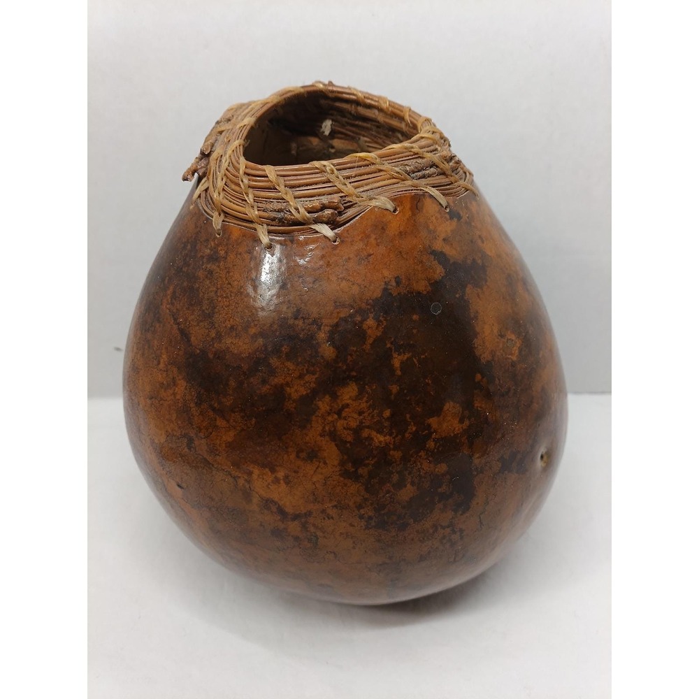 Handmade Gourd Vase Vessel Woven Rim Rustic Native Western Autumn Decor